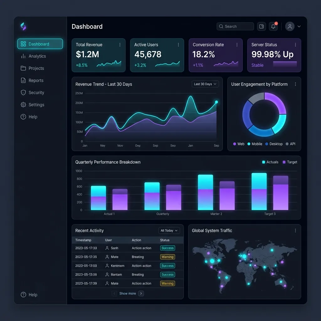Illustration of a custom business web application dashboard